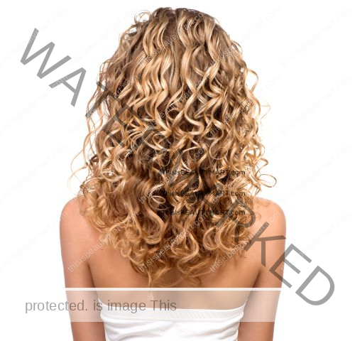 Backshot of long curly blonde perm hair on a woman