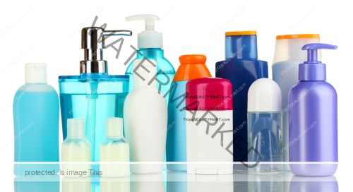 Various generic bottles of hair care and skin care products