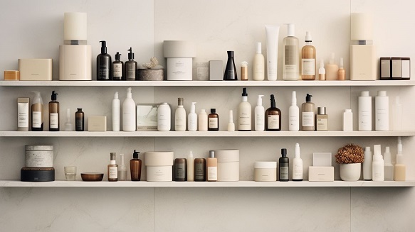 A shelf-load of various skin care products against a white marble counter