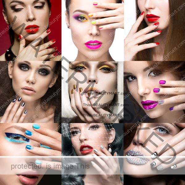 Collage of various women with different cosmetic styles of makeup and nail designs