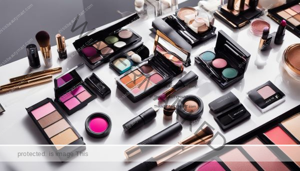 Various colorful makeup cosmetics on a table