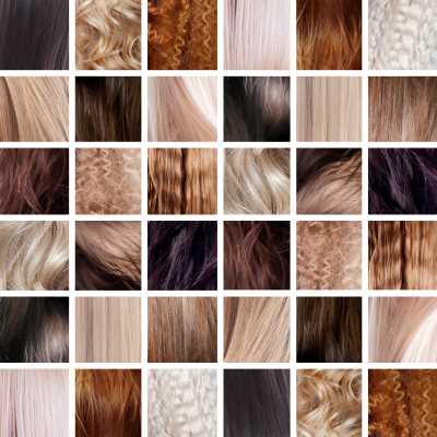 a collage of numberous hair extensions, fake hair, and hair weaves in various colors, textures, and styles